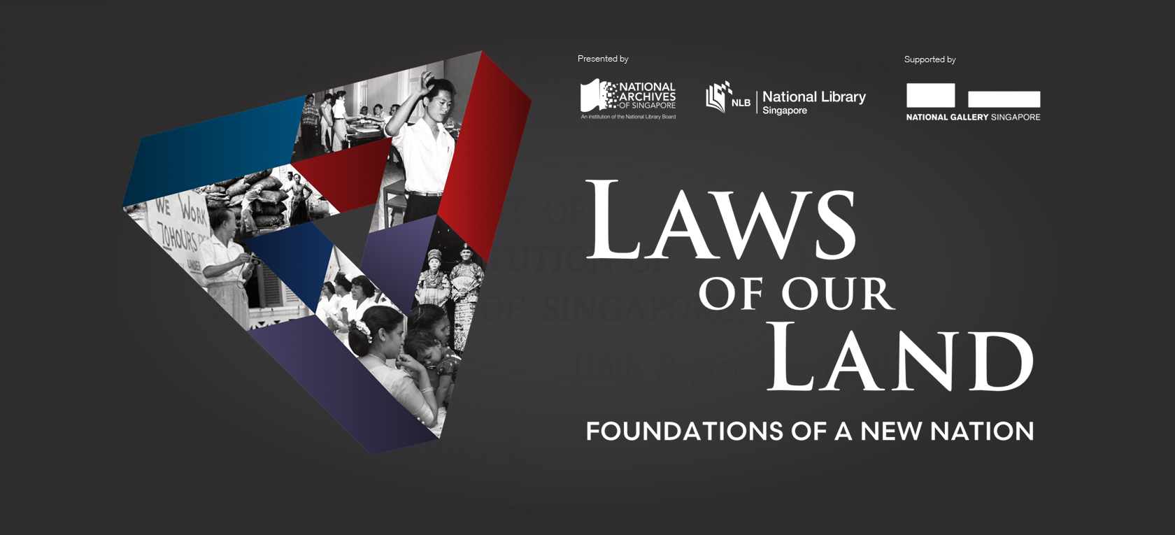 Poster titled Laws of Our Land with geometric collage of black-and-white photos and red, blue, purple shapes.